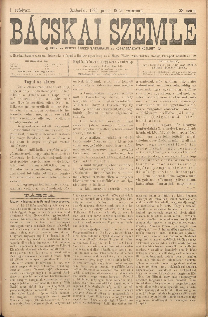Bácskai Szemle, 1. évf. 1893. június 18. 38. sz.
