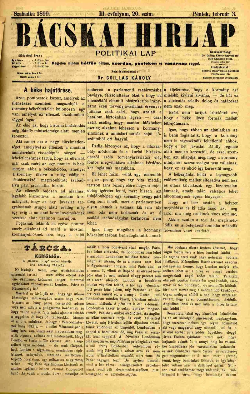 Bácskai Hirlap, 3. évf. 1899. február 3. 20. sz.