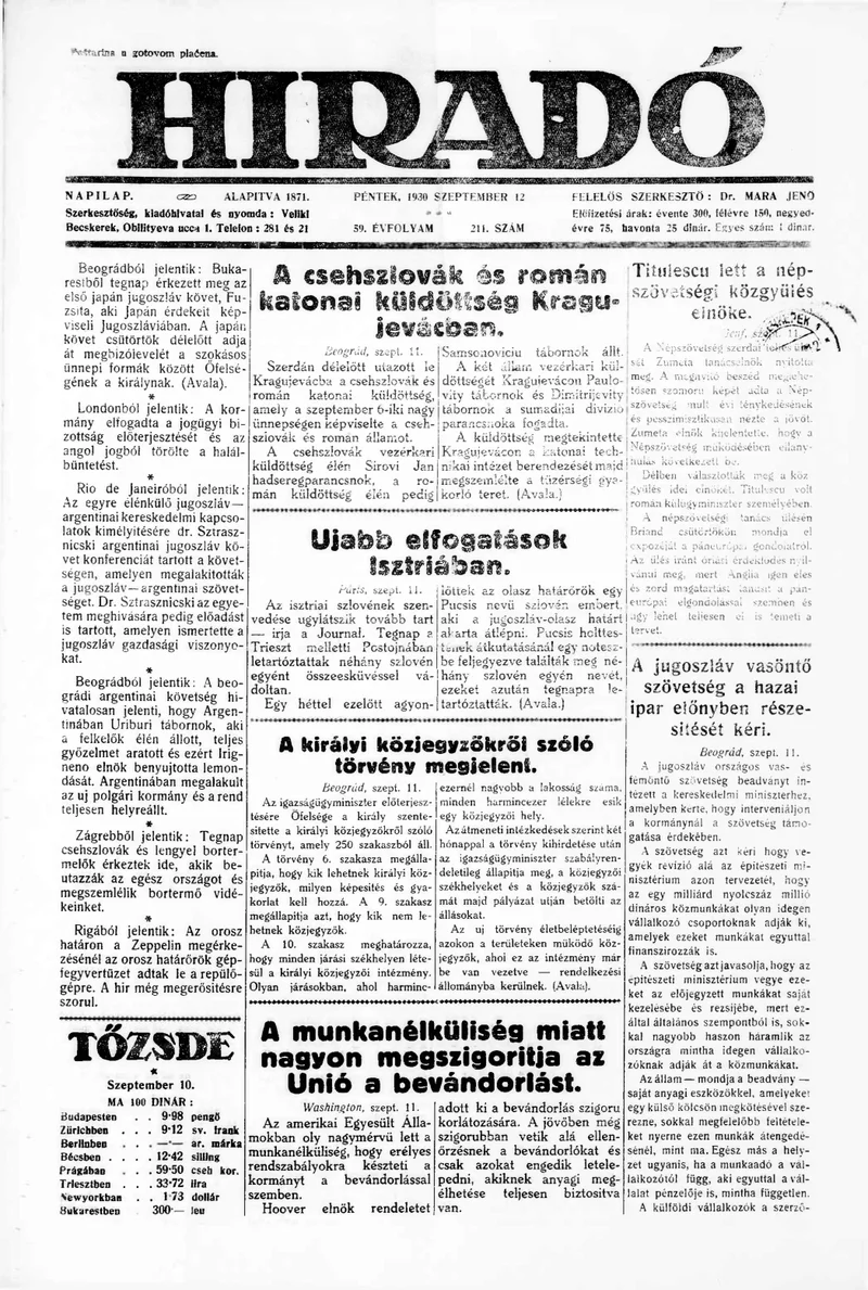 Híradó, 59. évf. 1930. szeptember 12. 211. sz.