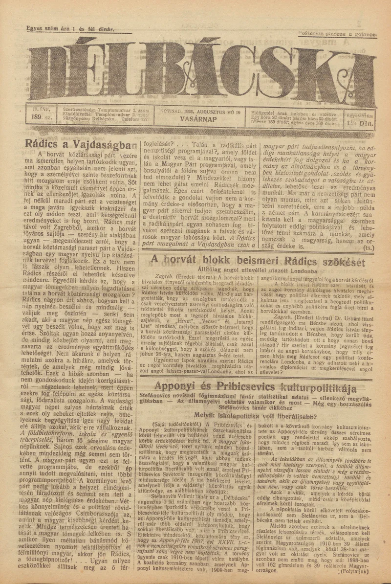 Délbácska, 4. évf. 1923. augusztus 19. 189. sz.