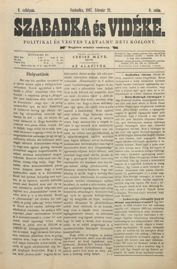 Szabadka és vidéke II, 5. évf. 1897. február 28. 9. sz.