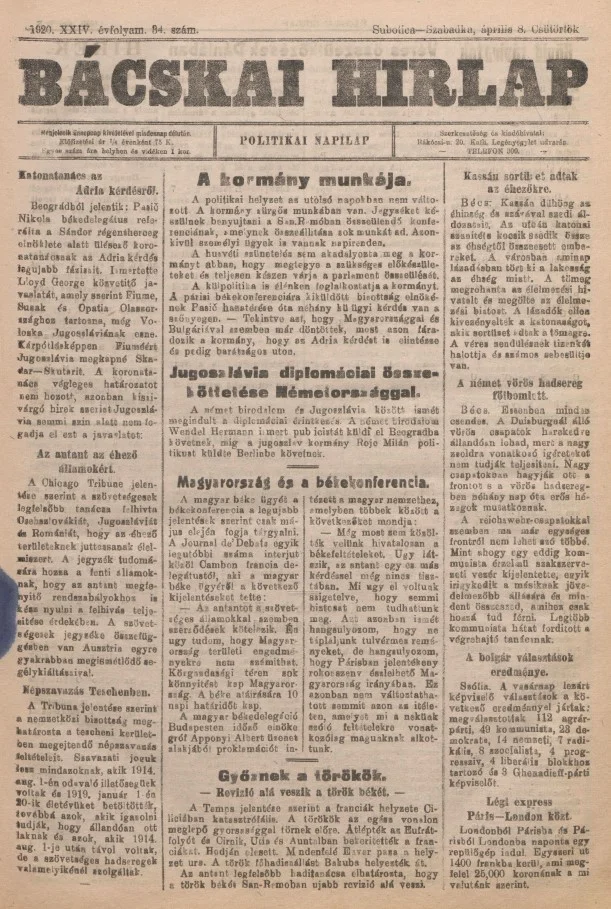 Bácskai Hirlap, 24. évf. 1920. április 8. 34. sz.