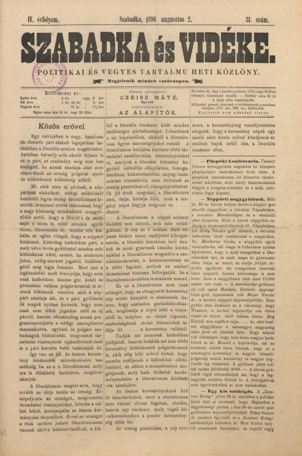 Szabadka és vidéke II, 4. évf. 1896. augusztus 2. 31. sz.
