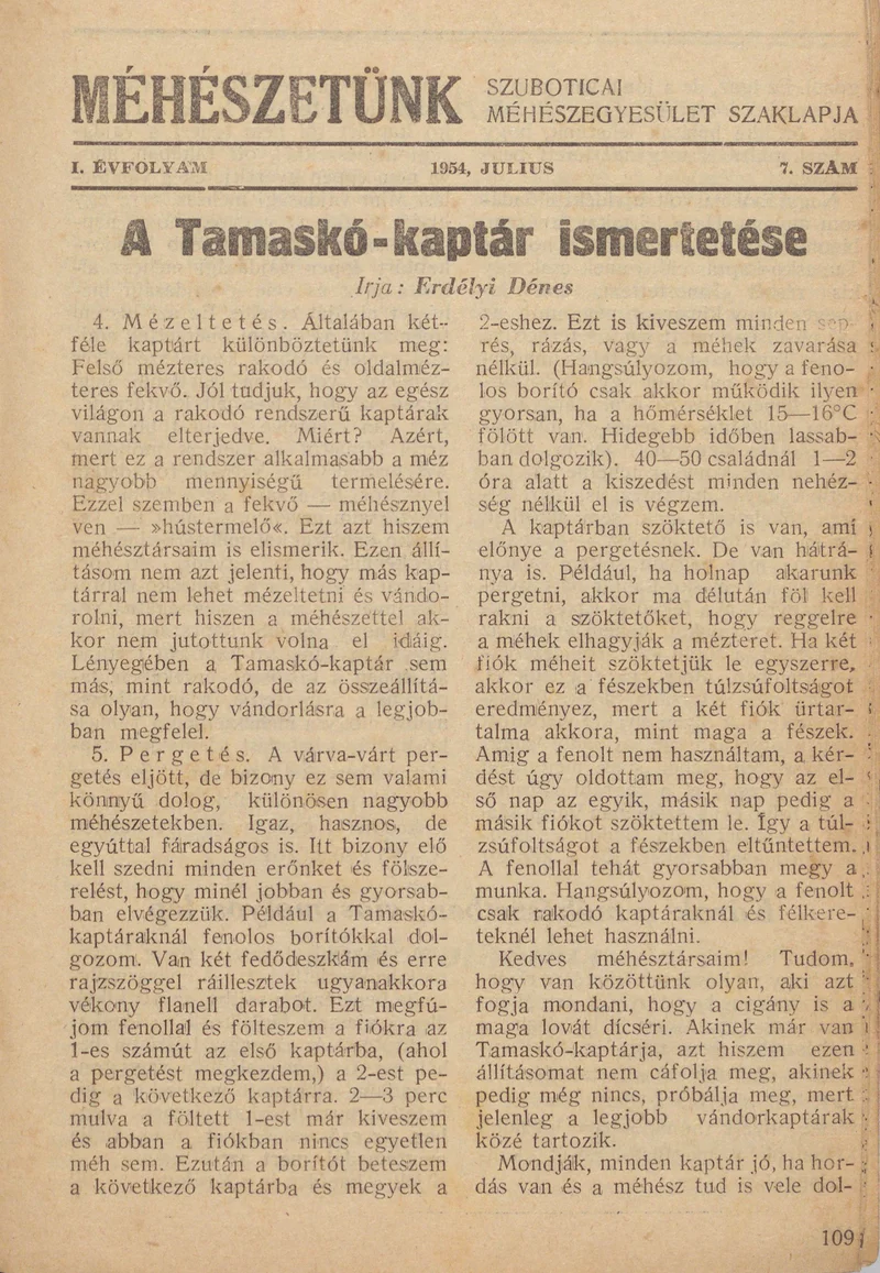 Méhészetünk, 1. évf. 1954. július 1. 7. sz.