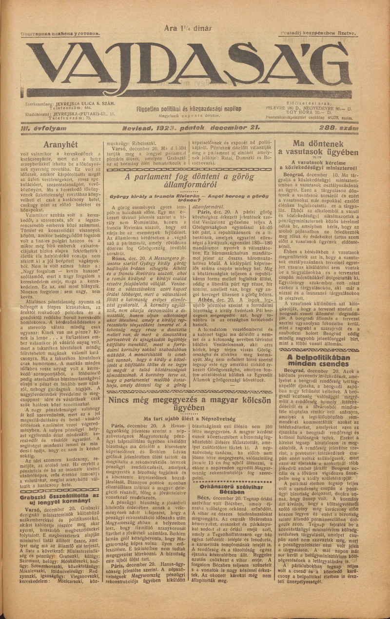 Vajdaság, 3. évf. 1923. december 21. 288. sz.