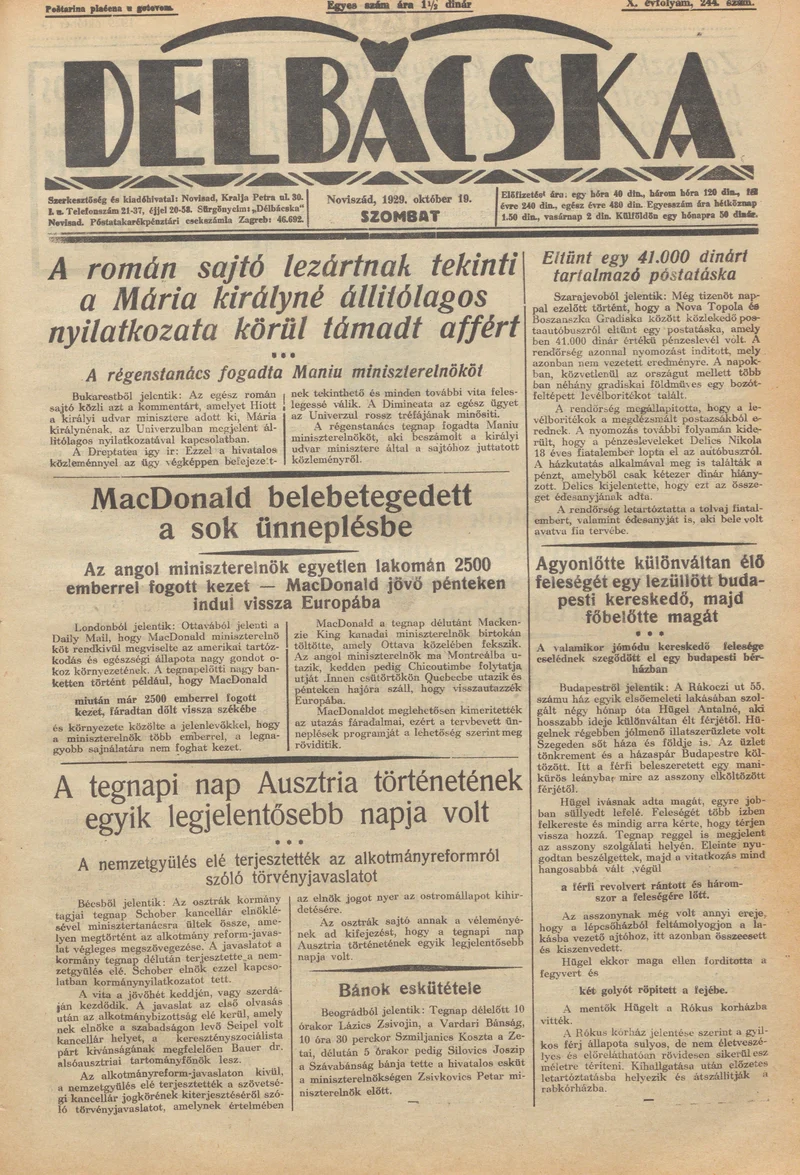 Délbácska, 10. évf. 1929. október 19. 244. sz.