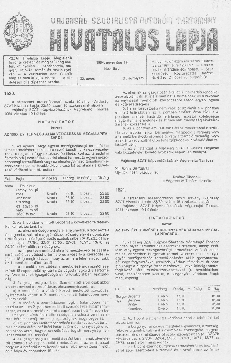 Vajdaság Szocialista Autonóm Tartomány Hivatalos Lapja, 40. évf. 1984. november 19. 32. sz.