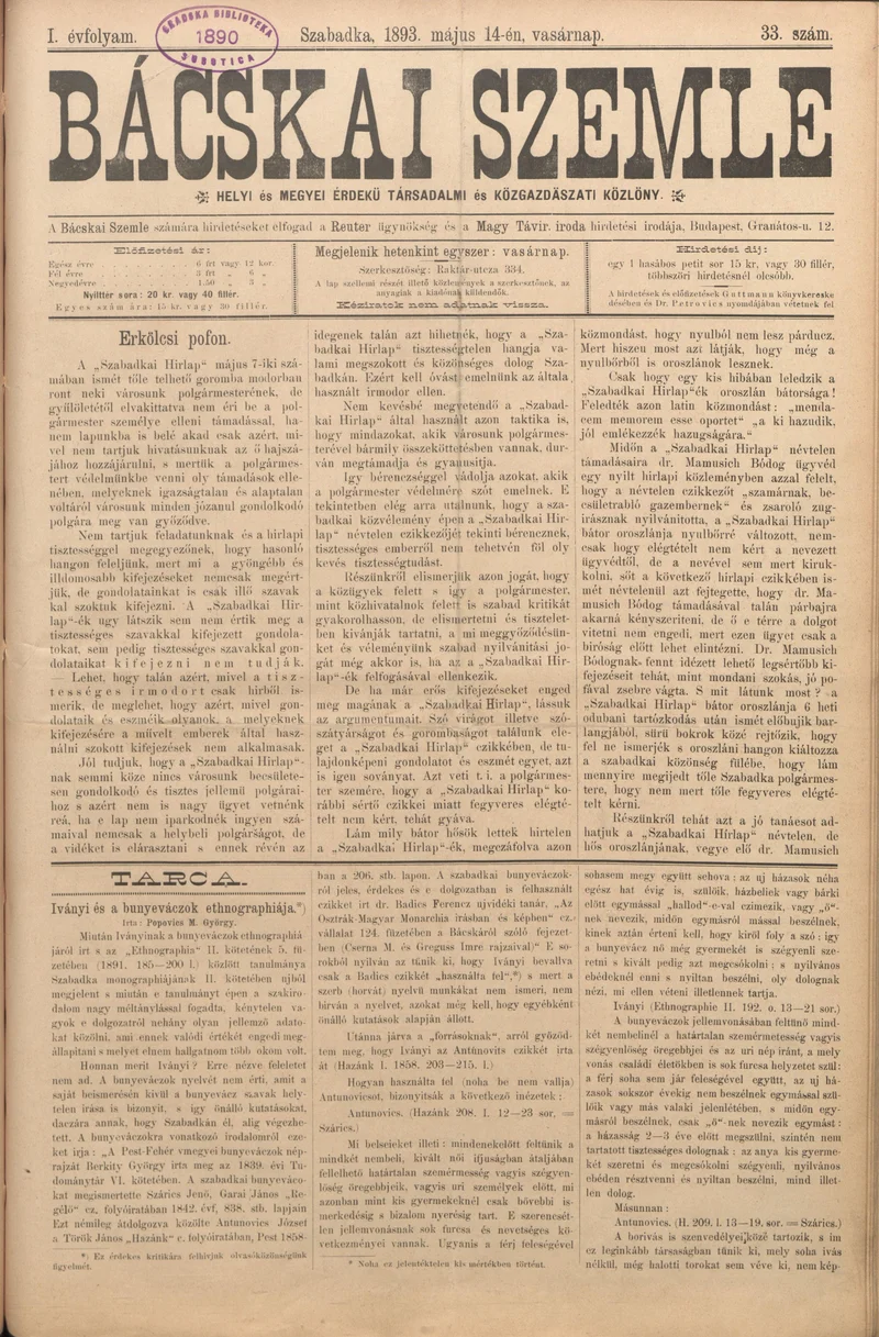 Bácskai Szemle, 1. évf. 1893. május 14. 33. sz.
