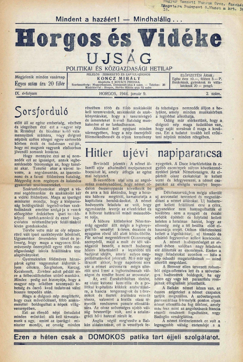 Horgos és vidéke, 9. évf. 1944. január 9. 2. sz.