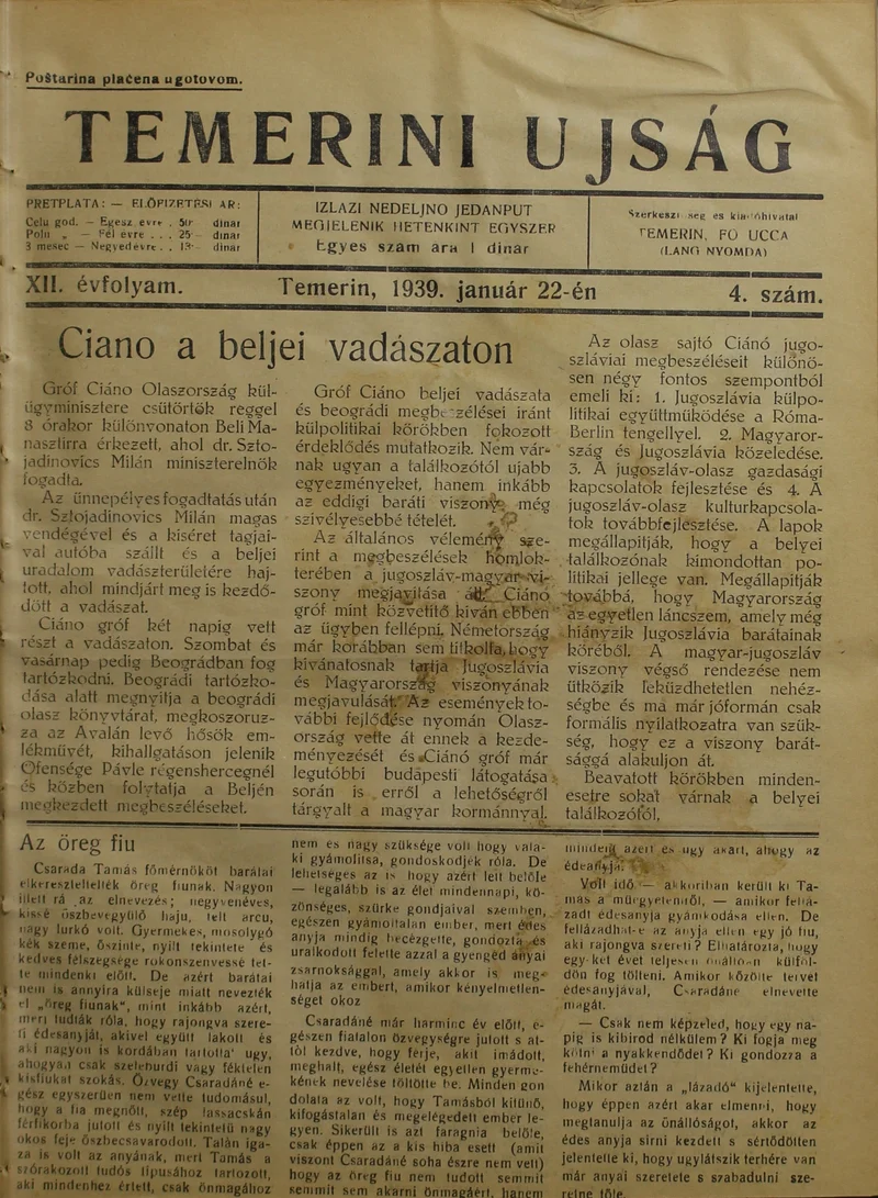 Temerini Újság 1928-1944, 12. évf. 1939. január 22. 4. sz.