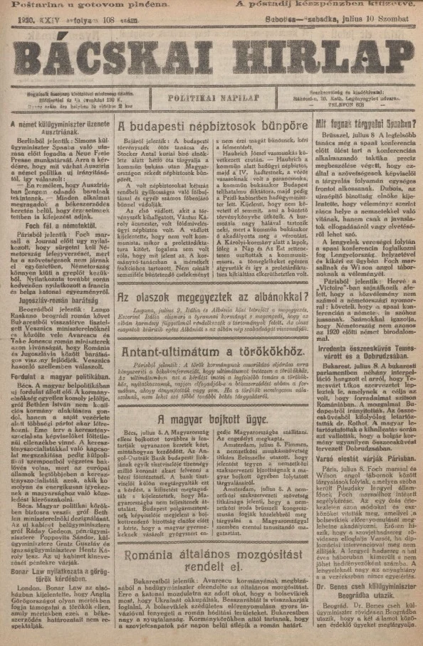 Bácskai Hirlap, 24. évf. 1920. július 10. 108. sz.