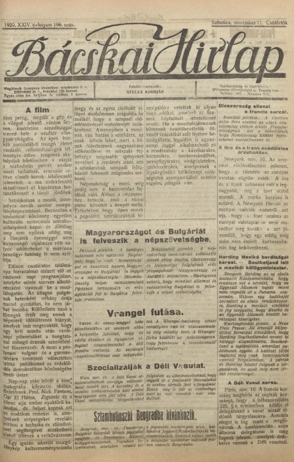 Bácskai Hirlap, 24. évf. 1920. november 11. 196. sz.