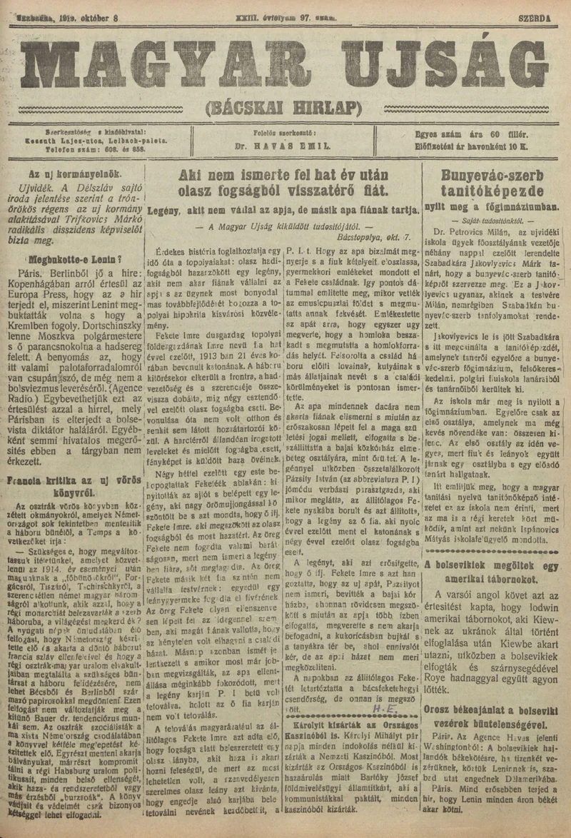 Bácskai Hirlap, 23. évf. 1919. október 8. 97. sz.