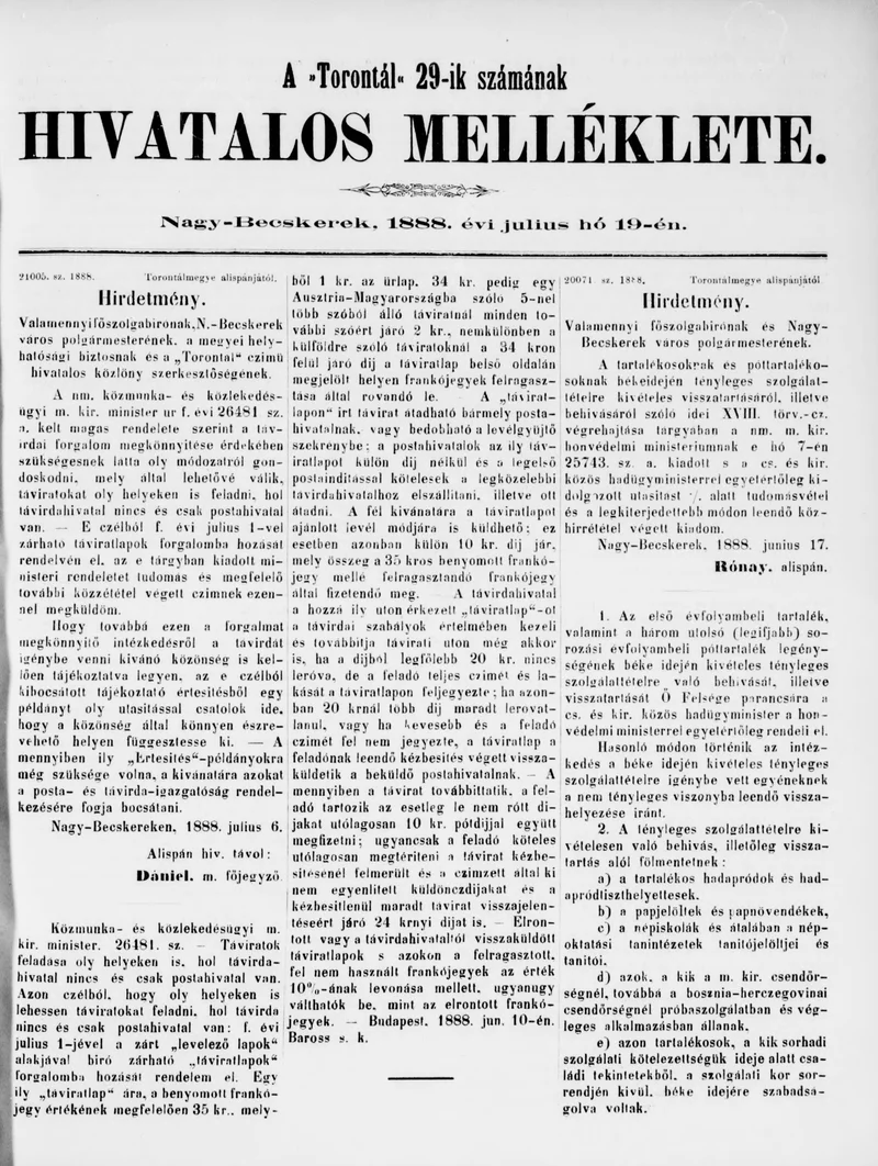 A Totontál  hivatalos melléklete, 1. évf. 1888. július 19. 29. sz.