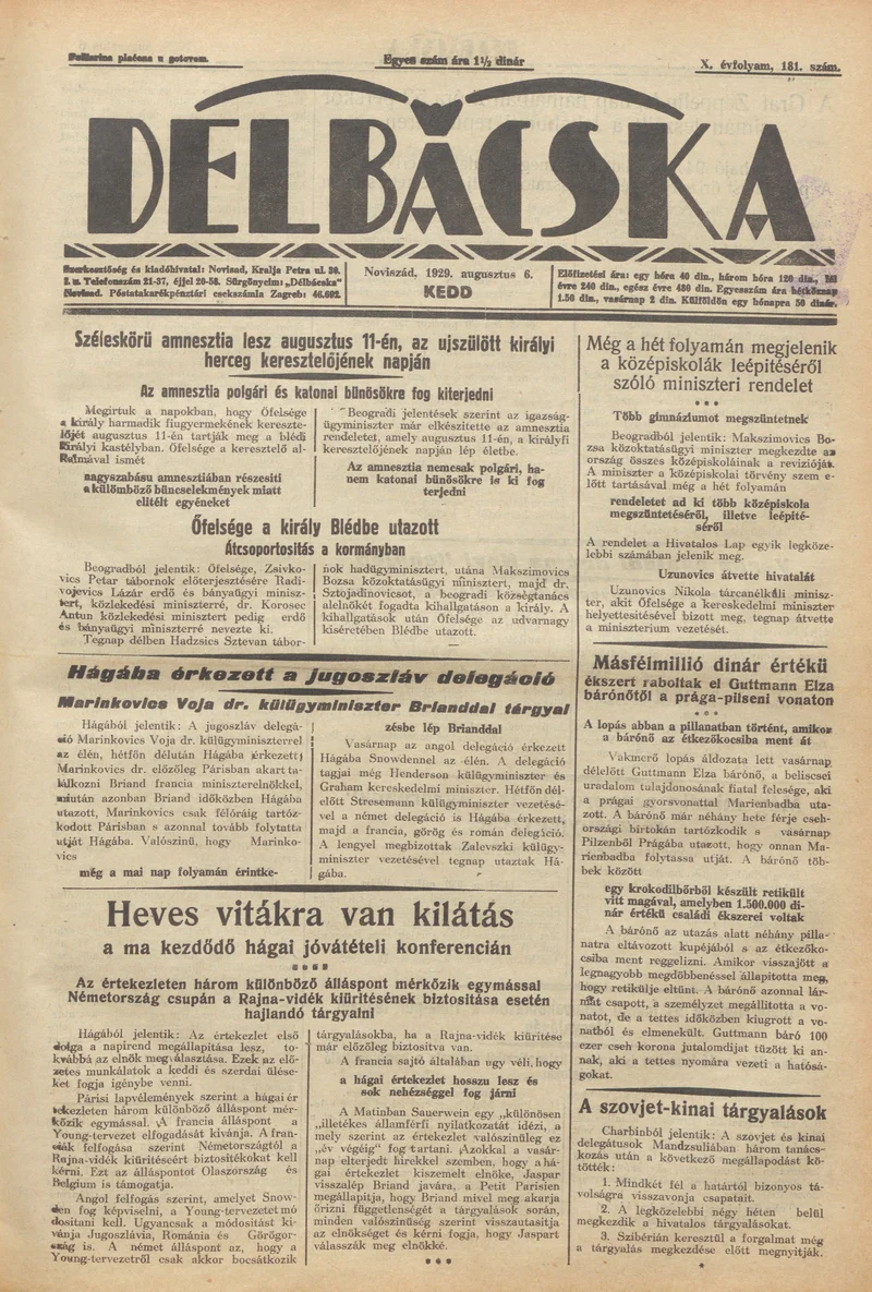 Délbácska, 10. évf. 1929. augusztus 6. 181. sz.