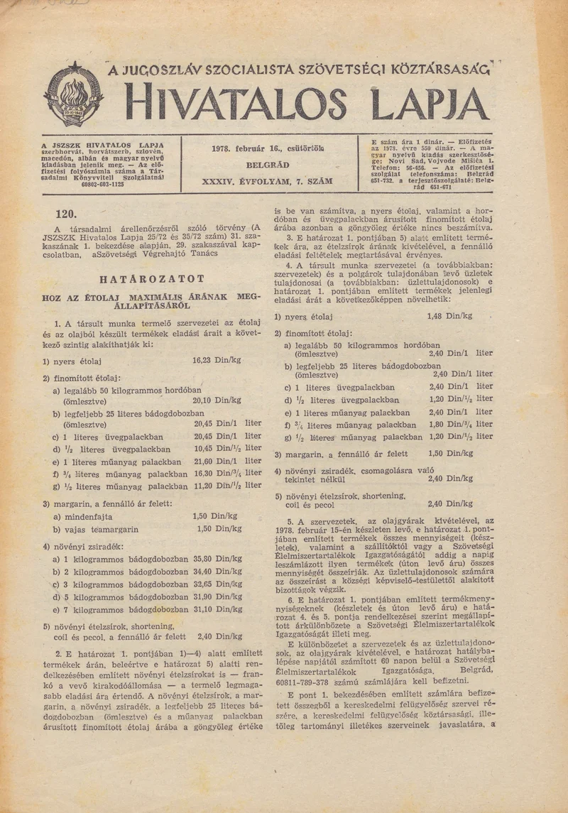 A Jugoszláv Szocialista Szövetségi Köztársaság Hivatalos Lapja, 34. évf. 1978. február 16. 7. sz. 169–172. oldal