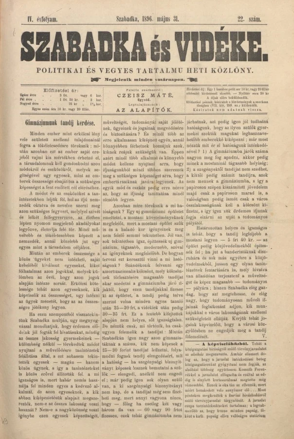 Szabadka és vidéke II, 4. évf. 1896. május 31. 22. sz.