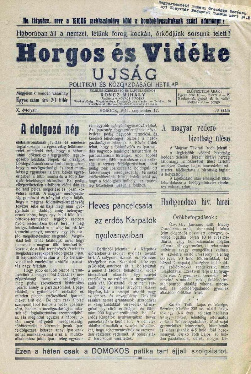 Horgos és vidéke, 9. évf. 1944. szeptember 17. 38. sz.