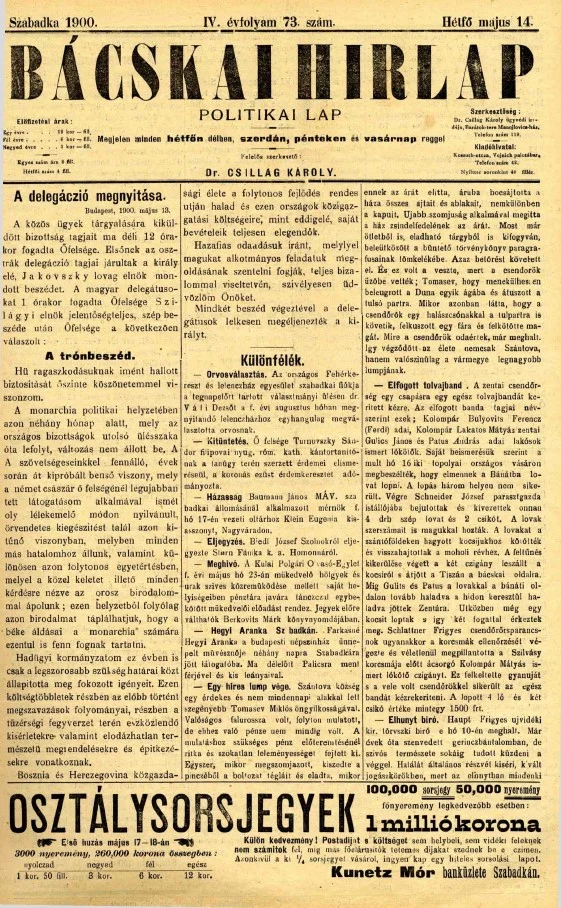 Bácskai Hirlap, 4. évf. 1900. május 14. 73. sz.