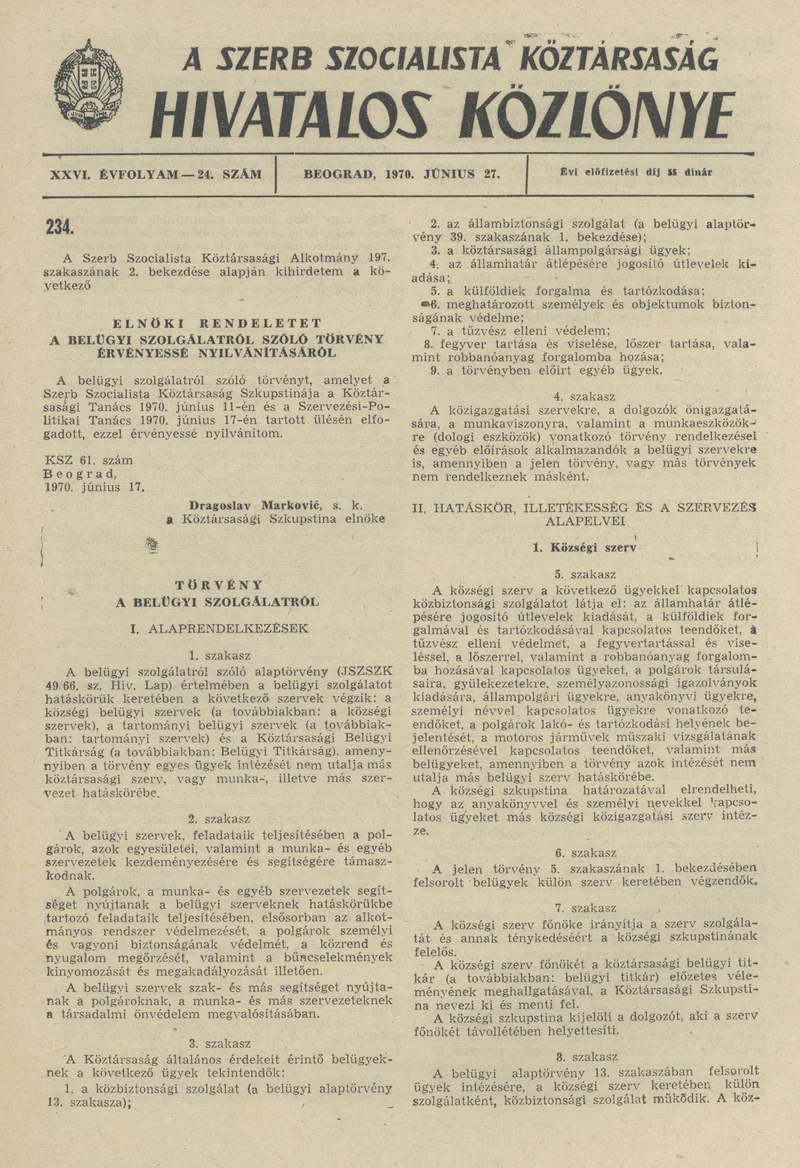 A Szerb Szocialista Köztársaság Hivatalos Közlönye, 26. évf. 1970. június 27. 24. sz. 617–624. oldal