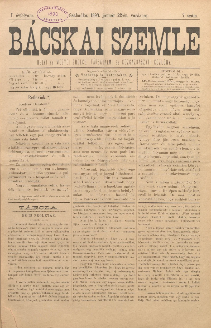 Bácskai Szemle, 1. évf. 1893. január 22. 7. sz.