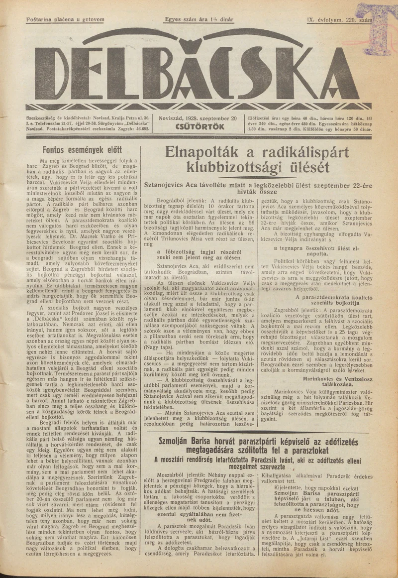 Délbácska, 9. évf. 1928. szeptember 20. 220. sz.