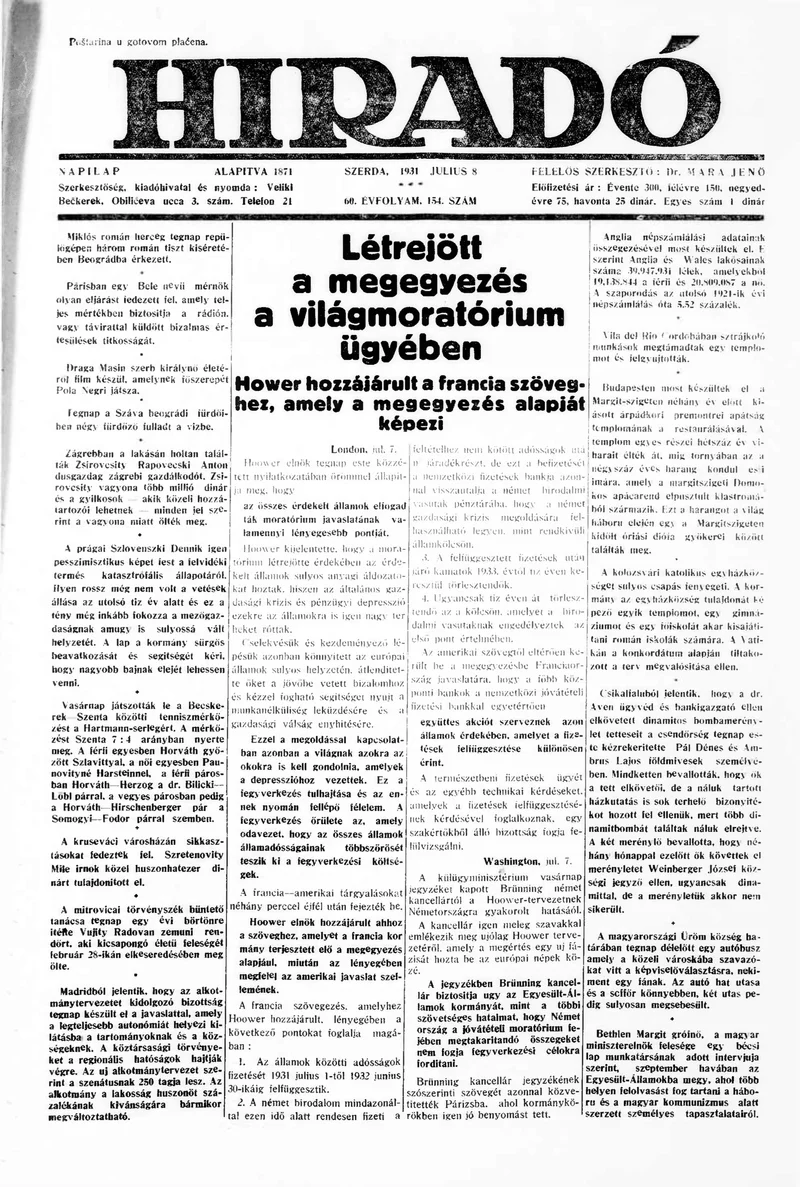 Híradó, 60. évf. 1931. július 8. 154. sz.