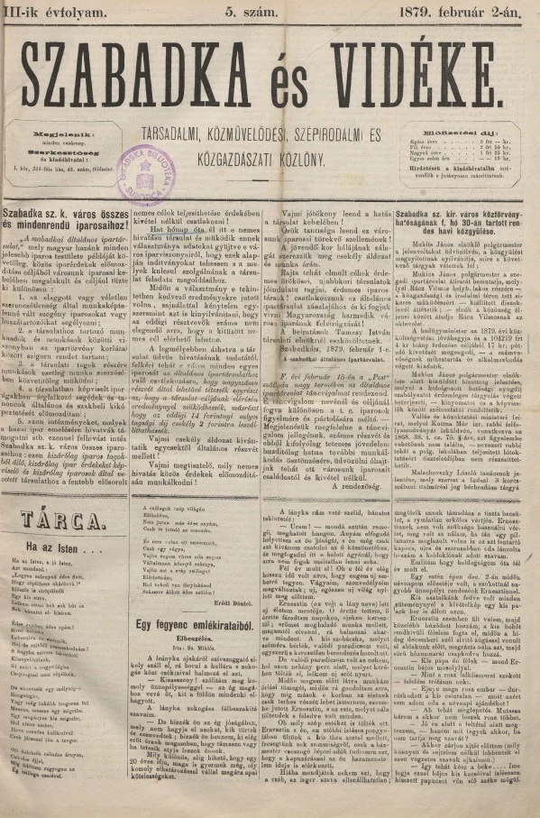 Szabadka és vidéke, 3. évf. 1879. február 2. 5. sz.