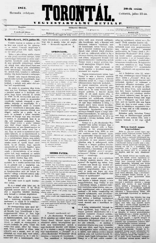Torontál, 3. évf. 1874. július 23. 30. sz.