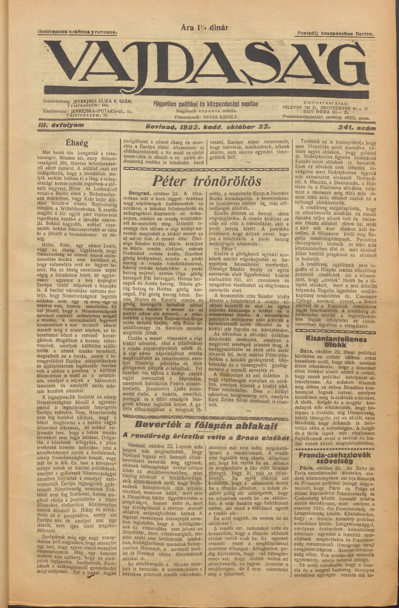 Vajdaság, 3. évf. 1923. október 23. 241. sz.