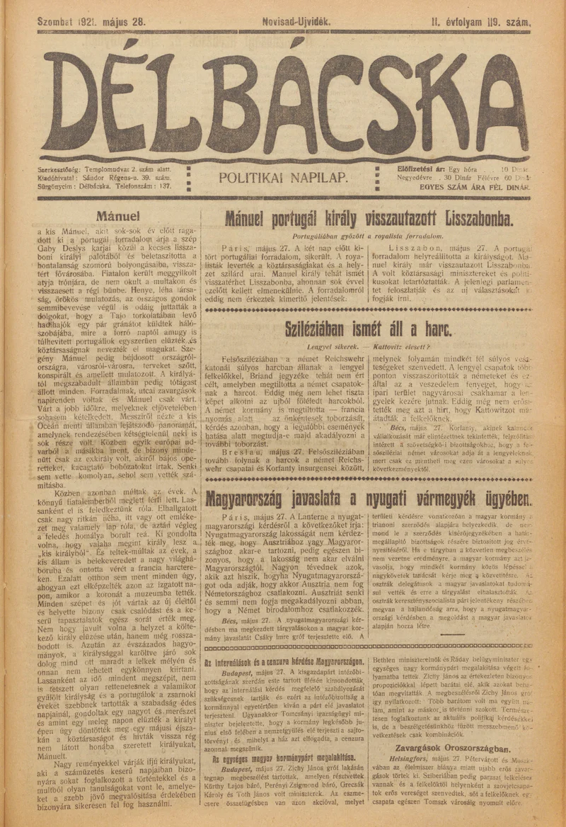 Délbácska, 2. évf. 1921. május 28. 119. sz.