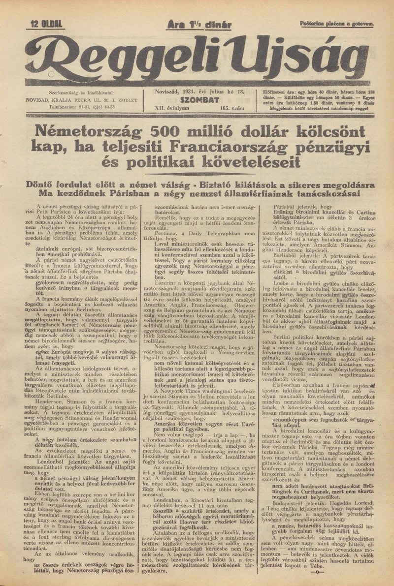 Reggeli Újság, 12. évf. 1931. július 18. 165. sz.