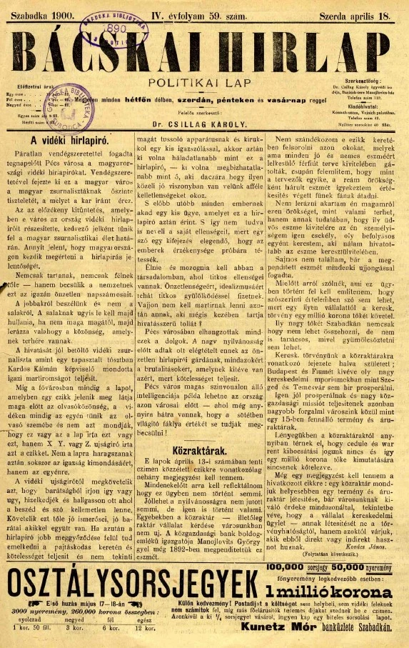 Bácskai Hirlap, 4. évf. 1900. április 18. 59. sz.