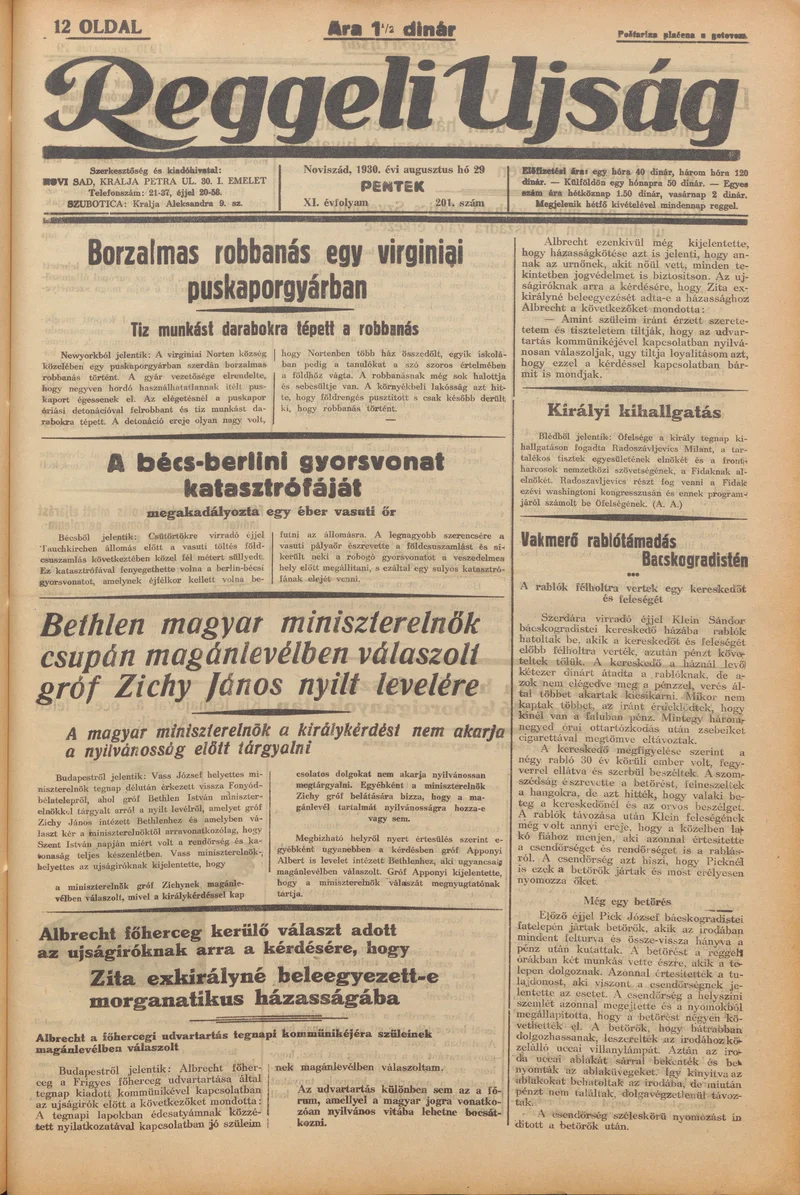 Reggeli Újság, 11. évf. 1930. augusztus 29. 201. sz.