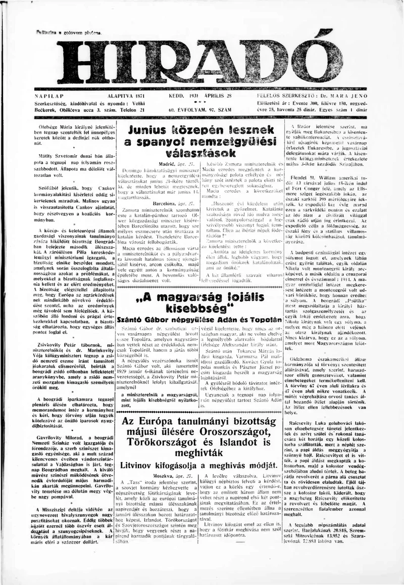 Híradó, 60. évf. 1931. április 28. 97. sz.