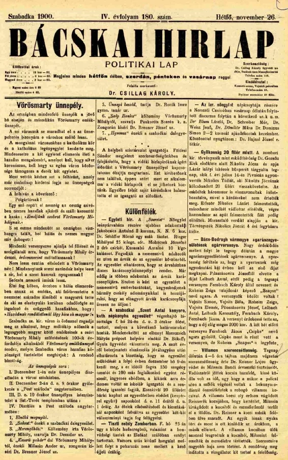 Bácskai Hirlap, 4. évf. 1900. november 26. 180. sz.