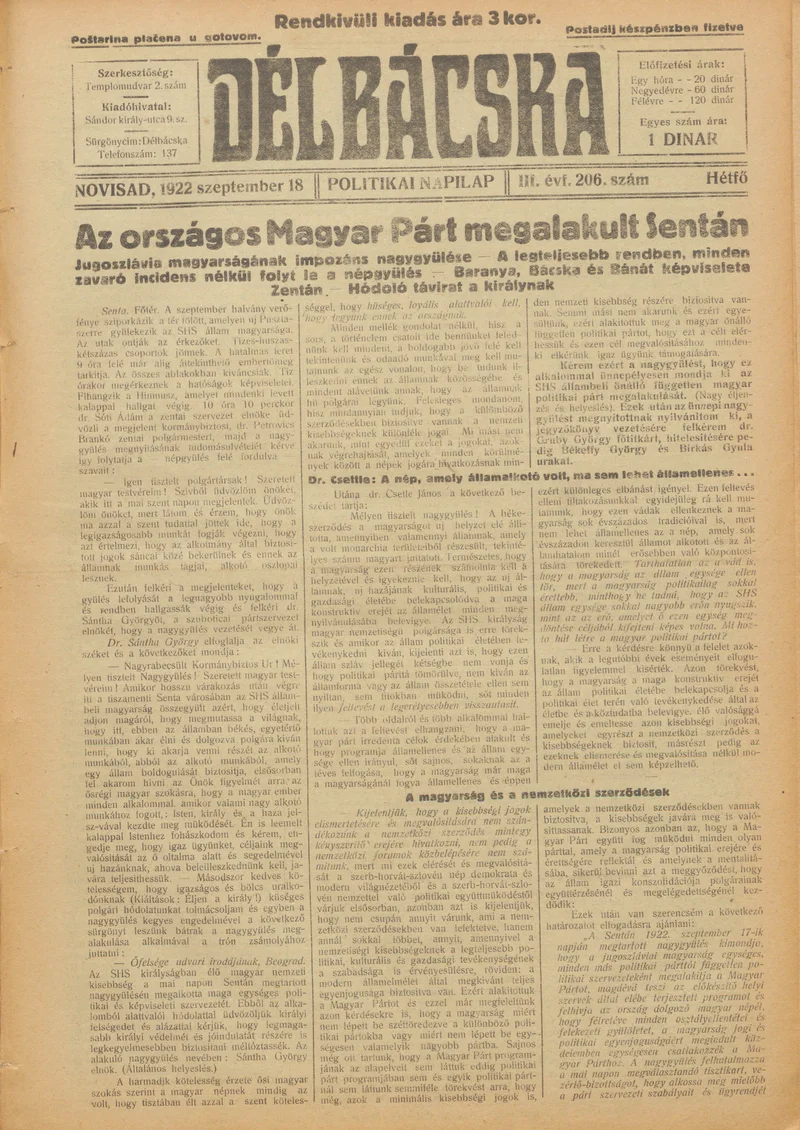 Délbácska, 3. évf. 1922. szeptember 18. 206. sz.