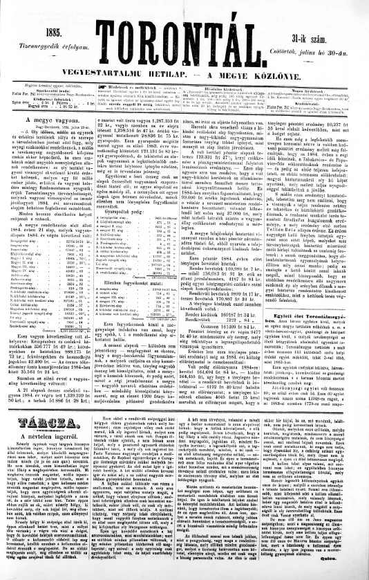 Torontál, 14. évf. 1885. július 30. 31. sz.
