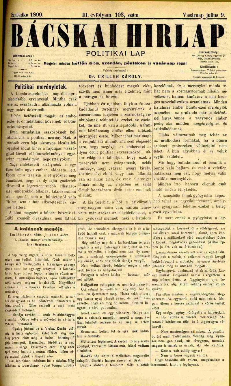 Bácskai Hirlap, 3. évf. 1899. július 9. 103. sz.