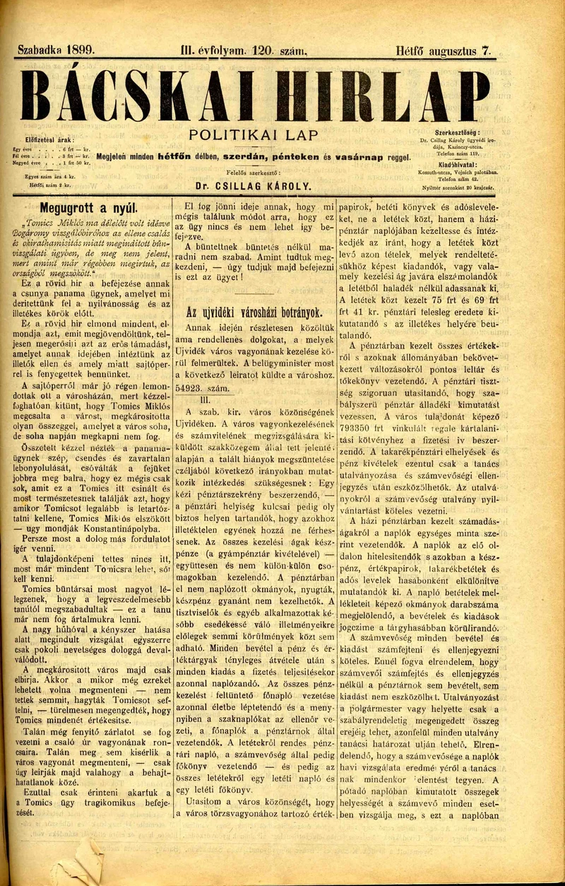 Bácskai Hirlap, 3. évf. 1899. augusztus 7. 120. sz.
