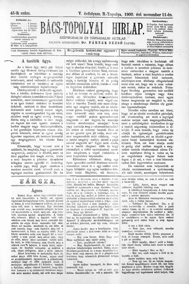 Bács-Topolyai Hirlap, 5. évf. 1900. november 11. 45. sz.