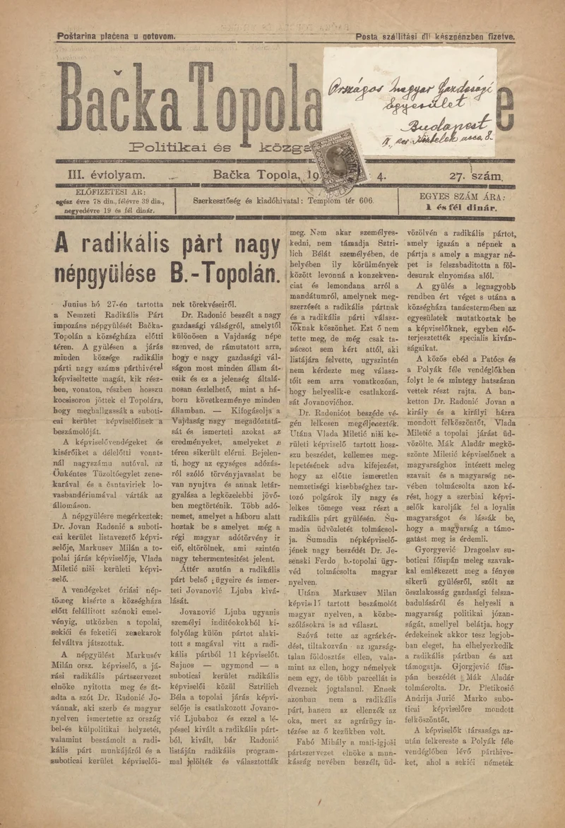 Bačka Topola és Vidéke, 3. évf. 1926. július 4. 27. sz.