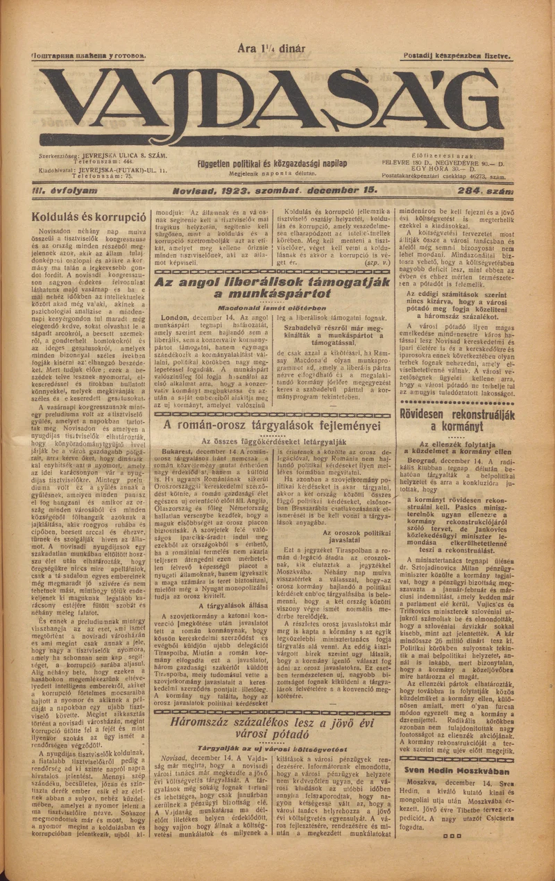 Vajdaság, 3. évf. 1923. december 15. 284. sz.