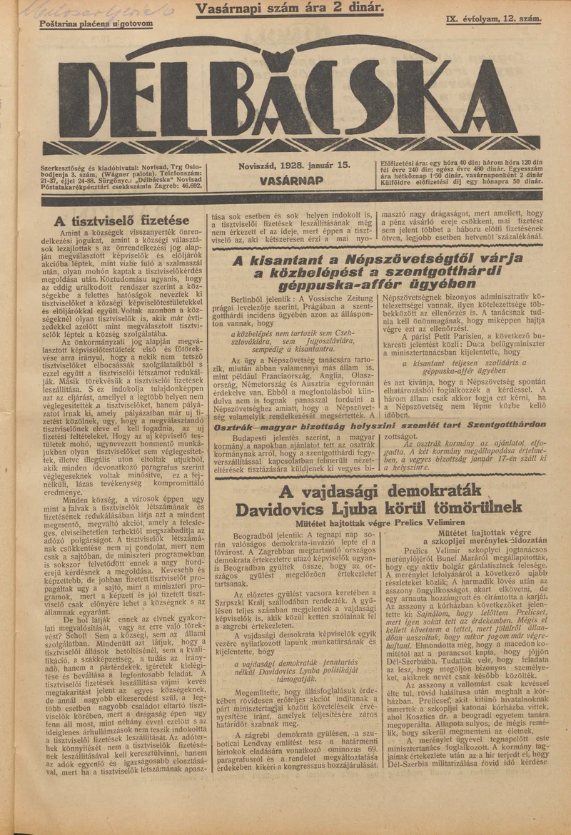 Délbácska, 9. évf. 1928. január 15. 12. sz.