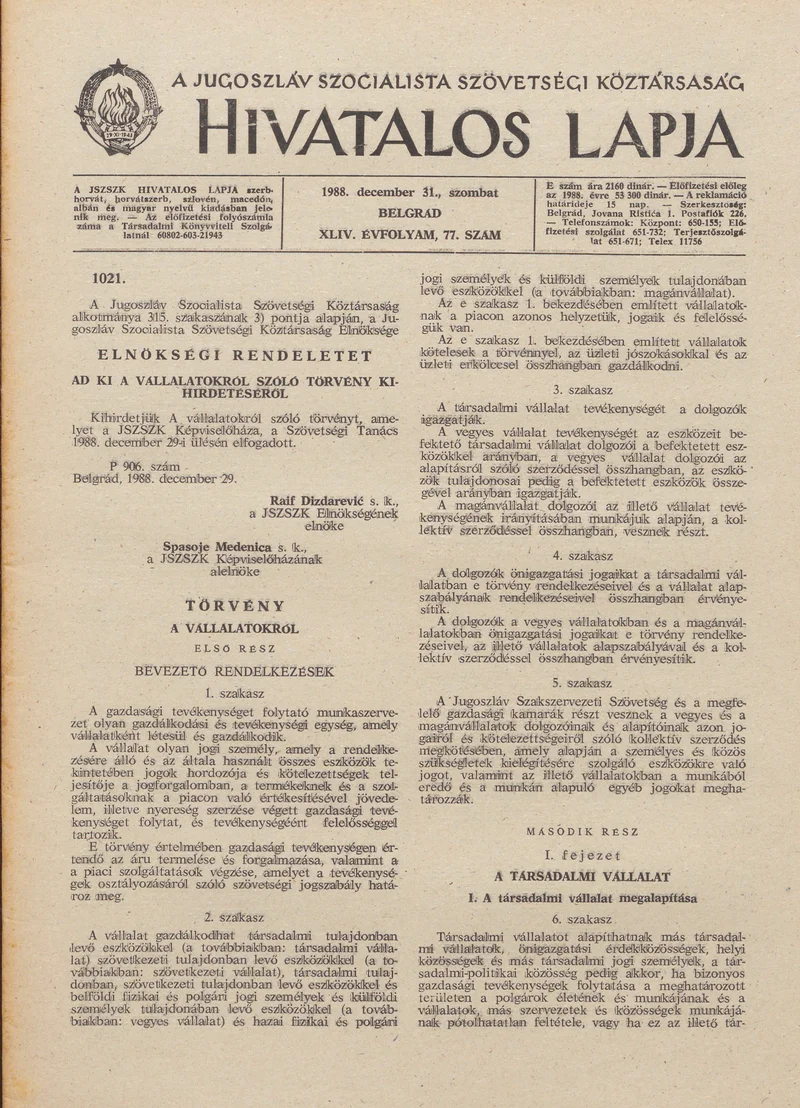 A Jugoszláv Szocialista Szövetségi Köztársaság Hivatalos Lapja, 44. évf. 1988. december 31. 77. sz. 1941–1976. oldal