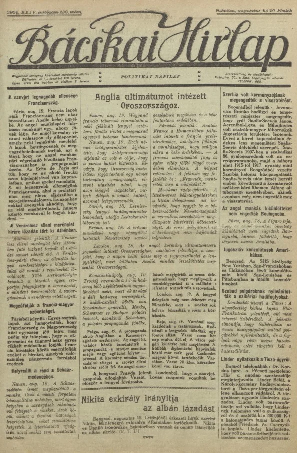 Bácskai Hirlap, 24. évf. 1920. augusztus 20. 130. sz.
