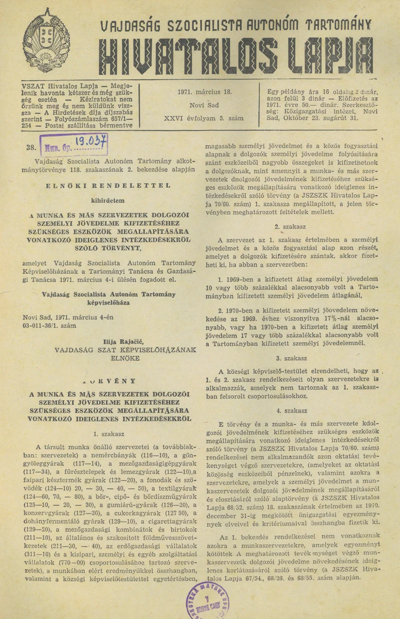 Vajdaság Szocialista Autonóm Tartomány Hivatalos Lapja, 27. évf. 1971. március 18. 5. sz. 65–66. oldal