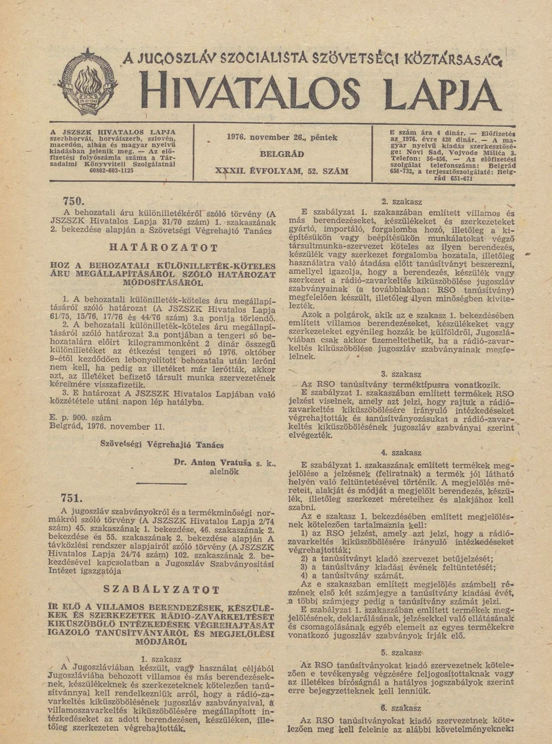 A Jugoszláv Szocialista Szövetségi Köztársaság Hivatalos Lapja, 32. évf. 1976. november 26. 52. sz. 1541–1556. oldal