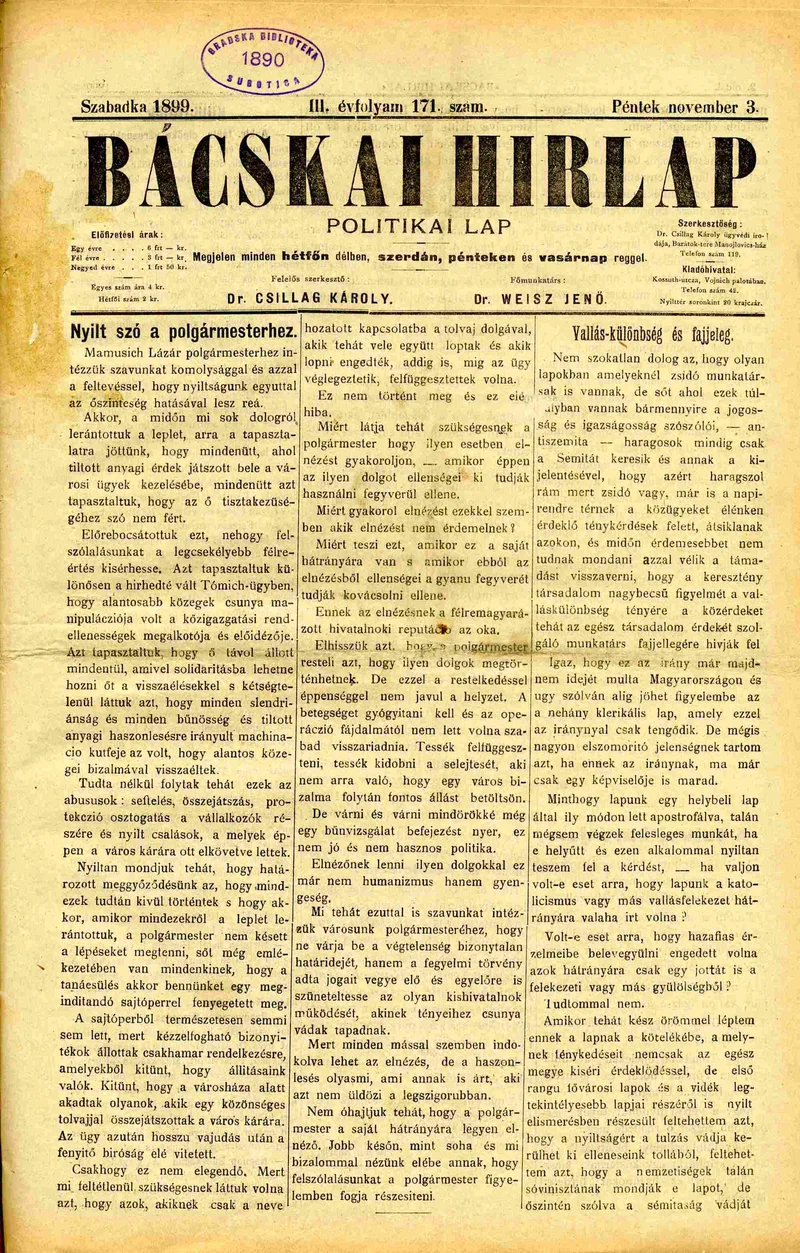 Bácskai Hirlap, 3. évf. 1899. november 3. 171. sz.