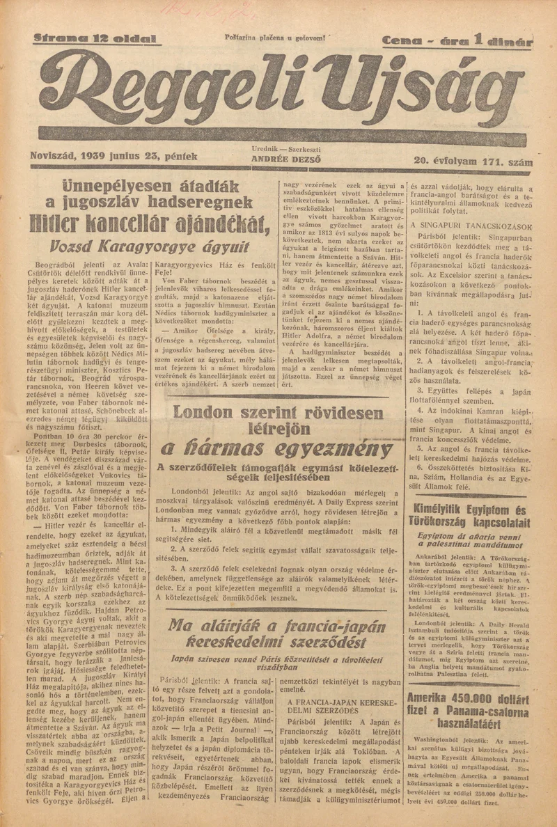 Reggeli Újság, 20. évf. 1939. június 23. 171. sz.